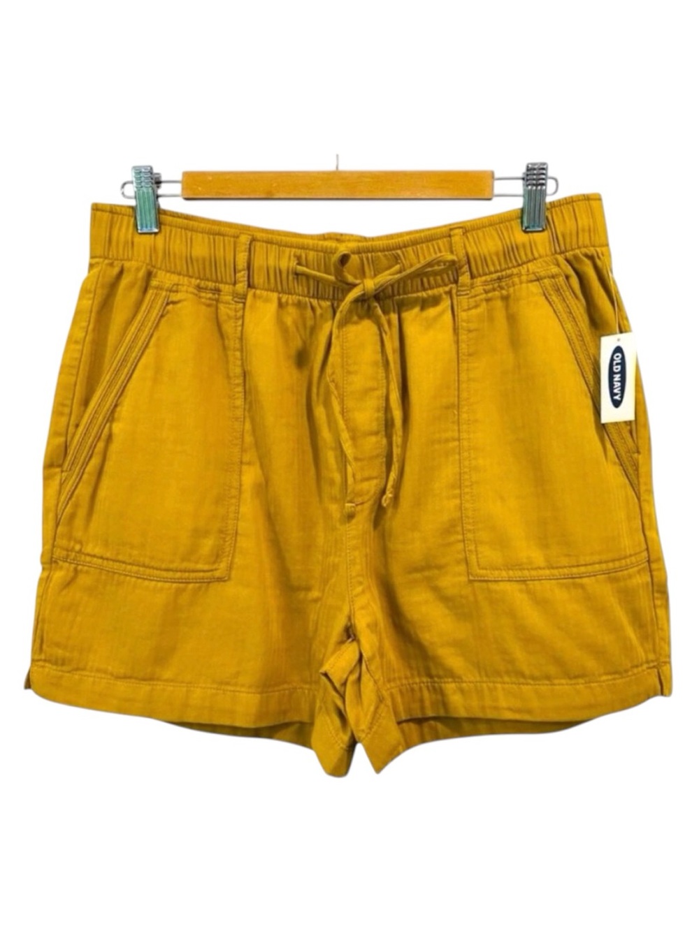 NWT shorts elastic waist pockets cotton high rise medium bermudas yellow